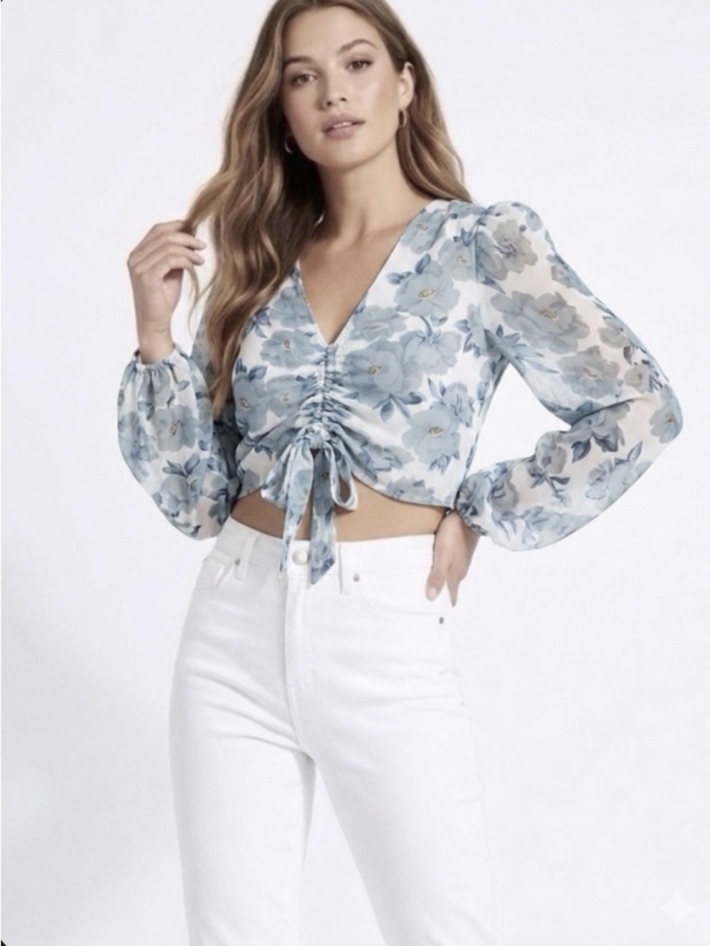 Sweet Lemon Top Blue Grey Floral Ruched Front Chiffon M Cottagecore Romantic